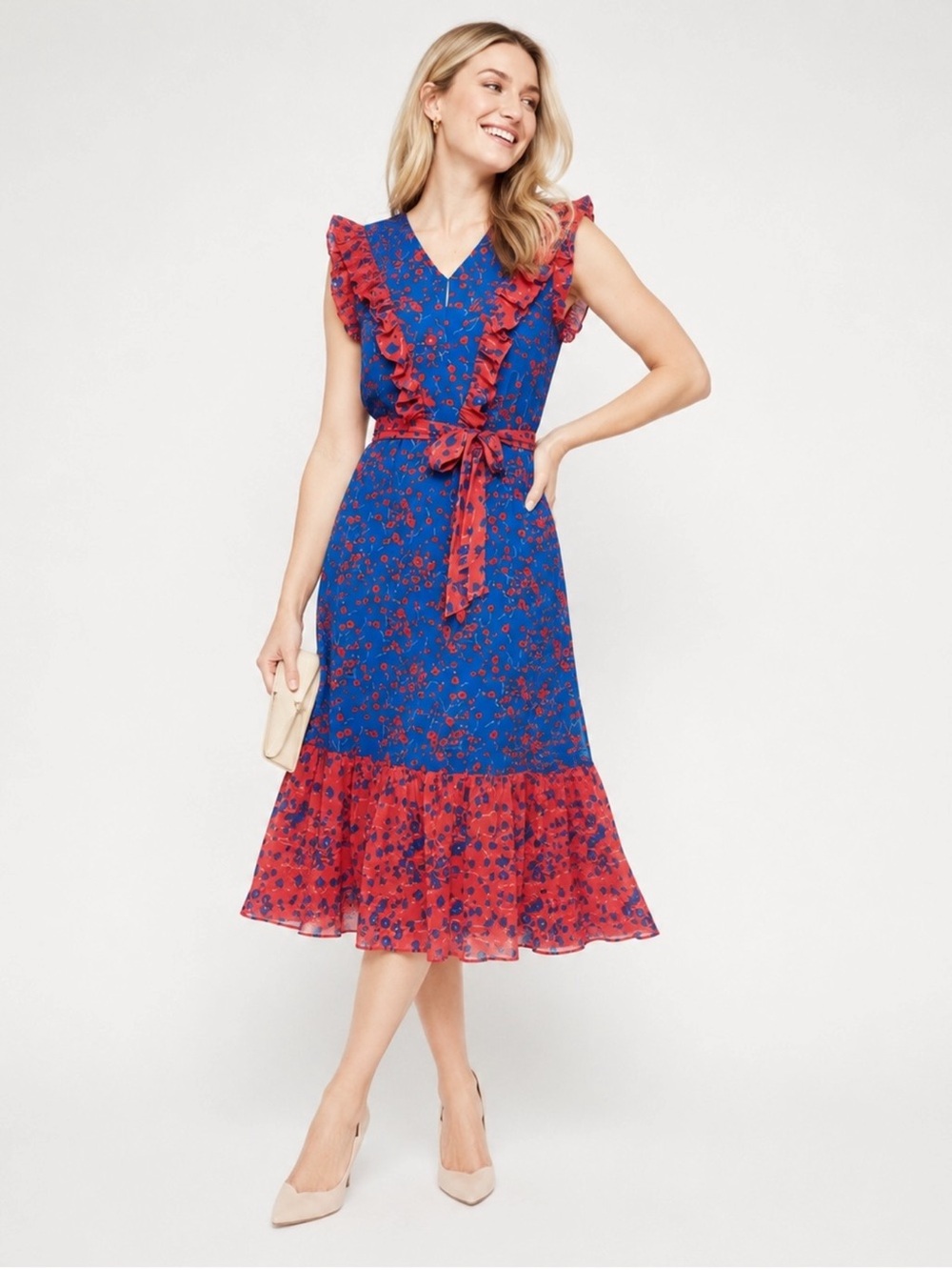 Boden Elise Blue Red Floral Ruffle Chiffon Midi Dress Belted Lined US 8P